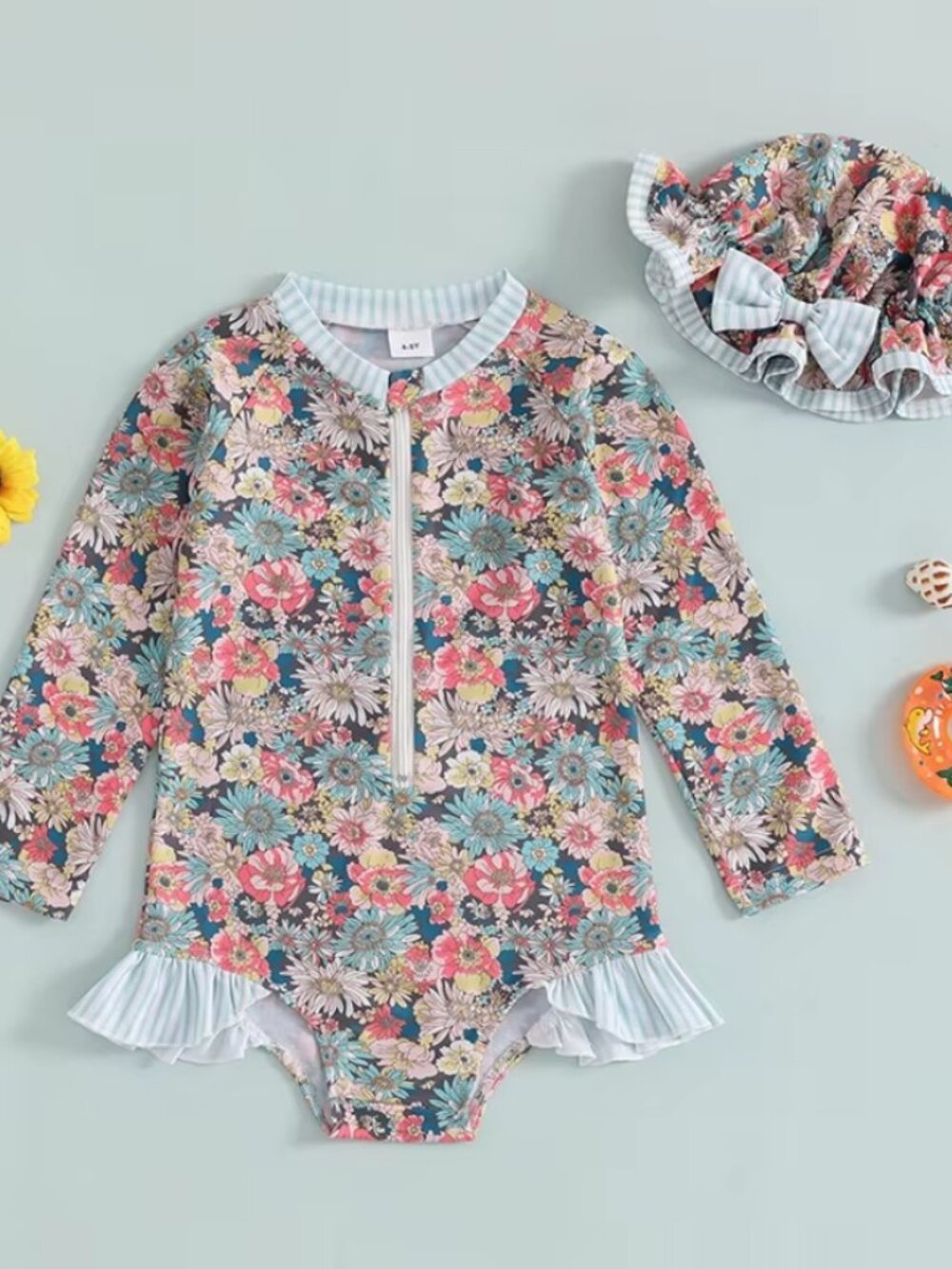 Floral Toddler Girls Long Sleeve One Piece Swimsuit Bathing Suit & Hat